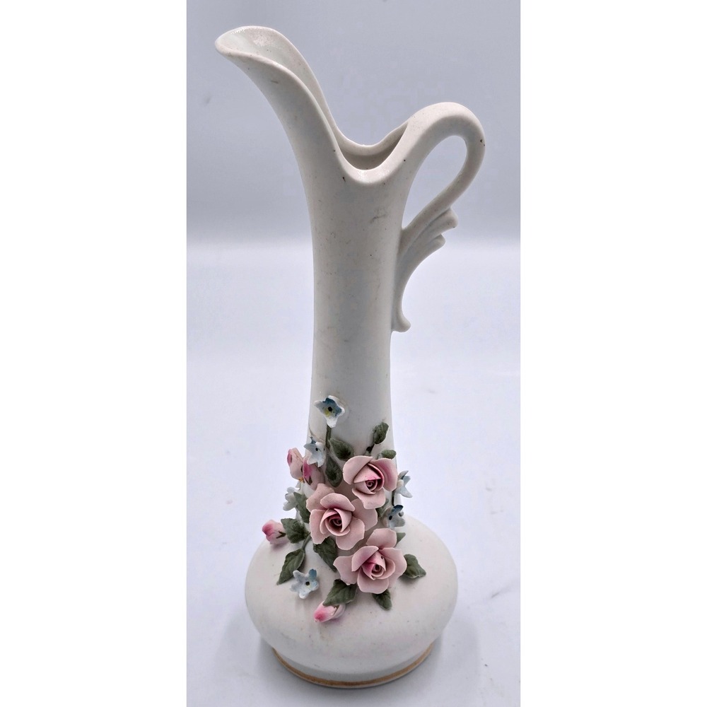 Vintage Lefton White Porcelain Pitcher Bud Vase Hand Painted 3D Flowers Gold Rim